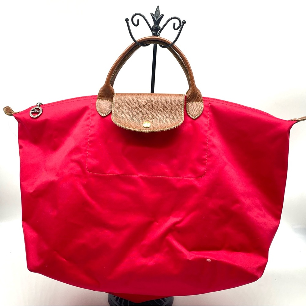 Longchamp Red Nylon Tote with Brown Leather Trim